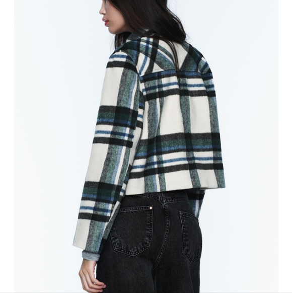 New Zara Plaid Patch Pocket Ecru/Green Shacket Jacket NWT - Picture 5 of 11